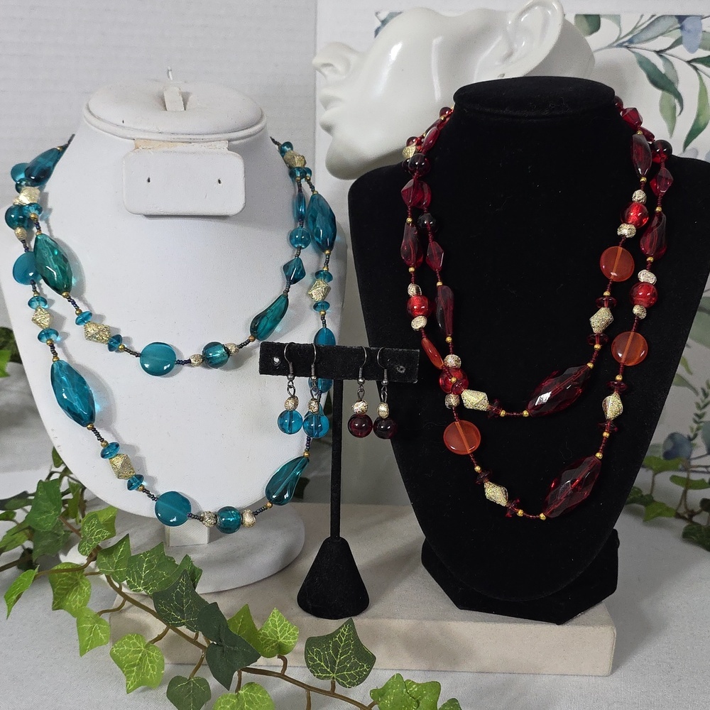 Long Glass Bead Necklace And Earring Set Turquoise Blue Or Red